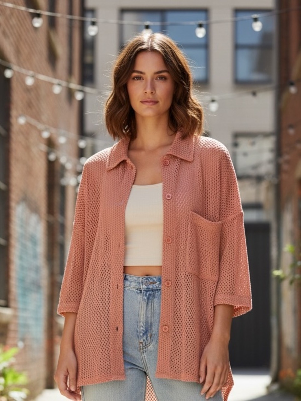 Urban outfitters BDG mesh Pointelle oversized drop shoulder Knit shirt sz m